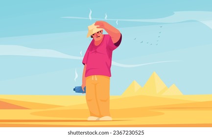 Hot weather flat poster man suffering from heat against african pyramids background vector illustration