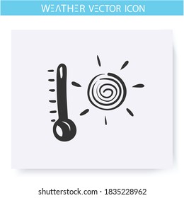  Hot Weather Icon. Hand Drawn Sketch. High Temperature Outdoors. Swelter. Sultry Heat. Sunny Day. Summer Day. Weather Forecast Concept. Meteorology Sign. Isolated Vector Illustration 