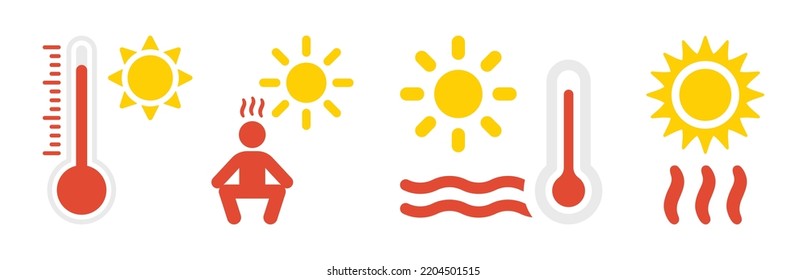 Juego de iconos de clima caliente. Con un icono de alta temperatura, sol y calor. Concepto de temporada de verano. Ilustración vectorial.