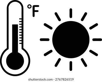 Hot weather indicated by a thermometer and sun icon in fahrenheit unit Vector