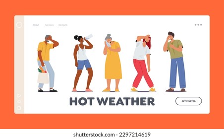 Hot Weather Landing Page Template. Characters Suffer from Heat that Can Cause Dehydration, Exhaustion, And Heatstroke, Resulting In Fatigue, Dizziness, Nausea. Cartoon People Vector Illustration