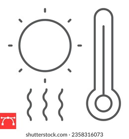 Icono de la línea de calor, cambio climático y sol con termómetro, icono del vector de onda de calor, gráficos vectoriales, símbolo de contorno de trazo editable, eps 10.