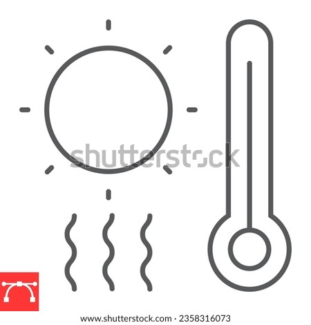 Hot weather line icon, climate change and sun with thermometer, heat wave vector icon, vector graphics, editable stroke outline sign, eps 10.