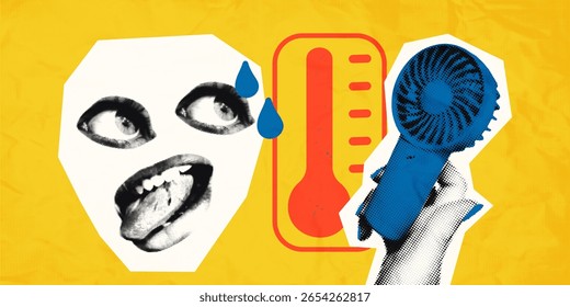 Tempo quente, superaquecimento conceito de verão. Moderna colagem grunge de corte de elementos de revista, mulher suada cansada usando ventilador portátil de mão, termômetro vermelho, gotas de suor. Ilustração vetorial