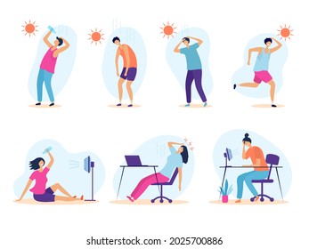 Hot weather. People summer problems tired sunny persons outdoor warm healthcare exhaustion recent vector flat illustrations