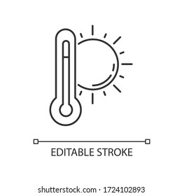 Hot weather pixel perfect linear icon. Summer heat, seasonal forecasting thin line customizable illustration. Contour symbol. Thermometer with sun vector isolated outline drawing. Editable stroke