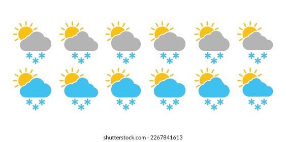Hot weather snowing icon set. Snowflake, sun, and cloud icon. Sunny rainy weather. Snowing weather icon collection. Snowfall icon vector. Snowing symbol for apps and websites, vector illustration