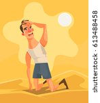 Hot weather and summer day. Tired unhappy man character in desert. Vector flat cartoon illustration