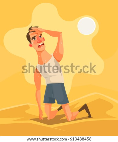 Hot weather and summer day. Tired unhappy man character in desert. Vector flat cartoon illustration