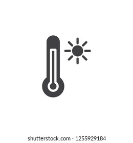 Hot weather temperature vector icon. filled flat sign for mobile concept and web design. Thermometer and sun simple solid icon. Symbol, logo illustration. Pixel perfect vector graphics
