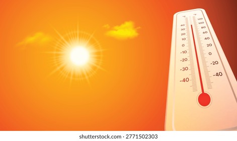 Hot weather thermometer with bright sun showing summer temperature rise vector background
