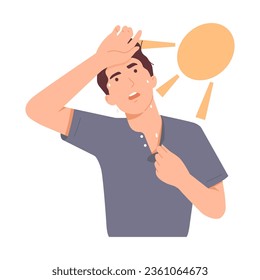 Hot weather. Tired man suffers in the extremely hot outdoor temperature. Male character opens his shirt to let in air and wipes away sweat. Hand drawn vector character illustration.