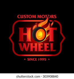 Hot Wheel in Fire flame Vintage Logo design vector template, black version. Car Logotype. T-shirt design. Concept icon for race, auto repair service, tire shop.