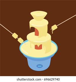 hot white chocolate milk isolated vector. chocolate fountain machine dessert with Marshmallow candy cartoon on stick dip inside. sweet sauce fondue treat modern flat design style simple modern concept