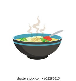 hot white noodle soup with vegetable in chinese bowl and spoons on white background, vector illustration