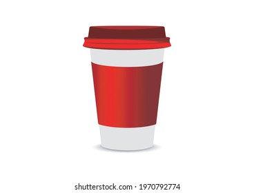 Hot white paper container cup with red sleeve and red lid in white backgrounds