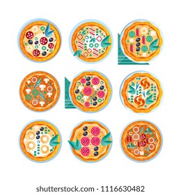 Hot whole pizza set, freshly baked pizza with various ingredients vector Illustration on a white background