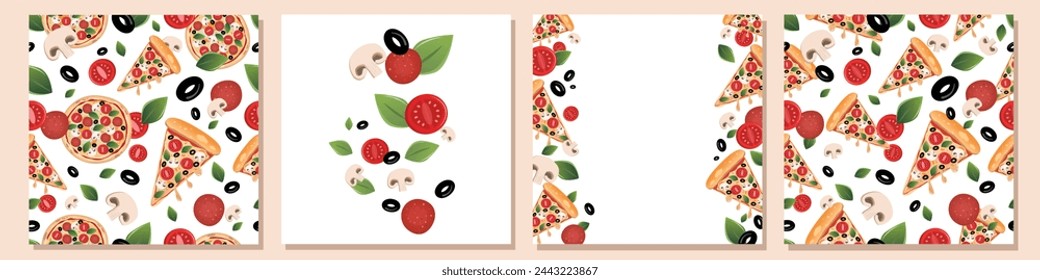 Hot whole pizza, slice and ingredients design elements set collection Italian food Pizza with tomato, basil leaves, black olives, mushrooms and mozzarella cheese Hot pizza pattern and design elements.