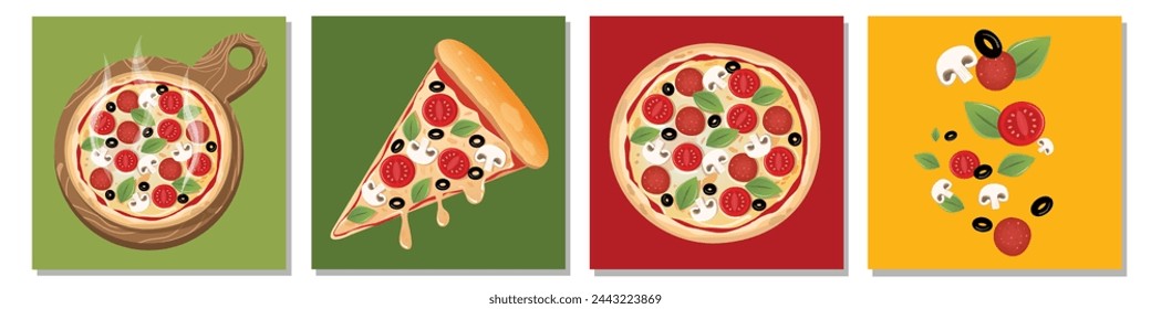 Hot whole pizza, slice and ingredients design elements set collection Italian food Pizza with tomato, basil leaves, black olives, mushrooms and mozzarella cheese Hot pizza isolated on white background