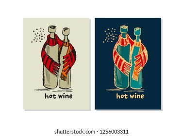 Hot wine hand drawn poster vector color template. Freehand drawing and lettering. Two wine bottles with scarfs hugging. Winter alcoholic mulled drink sketch illustration. Advertising banner design