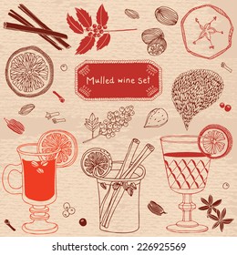 Hot wine for winter and Christmas with delicious orange and spices. Mulled wine set.