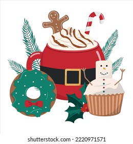 Hot winter Christmas drink with gingerbread cookies, wreath donut, snowman cupcake, and fir branches. Isolated on white background, Vector illustration, Merry Christmas themed design.