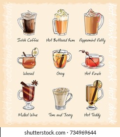 hot winter cocktails menu. vector illustration