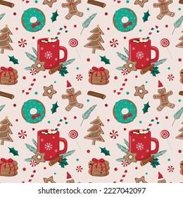 Hot winter drink and Christmas holiday bakery seamless pattern. Cocoa with marshmallows, donuts, and cookies. Isolated on white background. Holiday themed digital paper.