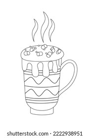 Página de coloreado de bebidas calientes en invierno. Copa blanca y negra con malvaviscos. Colóqueme. Vapor. Tasa caliente. Pasos de ilustración vectorial aislados