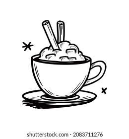 Hot winter drink cup with cream and cinnamon. Warm coffee, tea, chocolate. Hand drawn sketch style. Drink christmas mug. Vector illustration..