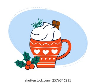 Hot winter drink in a cup with cream and chocolate. Warm cozy winter. Vector illustration