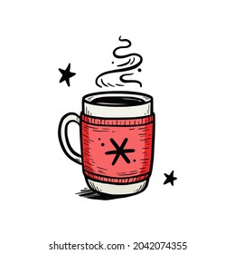 Hot winter drink cup with knitting scarf. Warm coffee, tea, chocolate. Hand drawn sketch style. Drink christmas mug. Vector illustration.