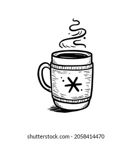 Hot winter drink cup with knitting scarf. Warm coffee, tea, chocolate. Hand drawn sketch style. Drink christmas mug. Vector illustration.