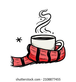 Hot winter drink cup with scarf. Warm coffee, tea, chocolate. Hand drawn sketch style. Drink christmas mug. Vector illustration.