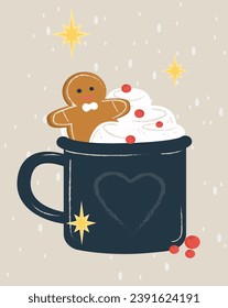 Hot winter drink, festive cup with cookies.  Mug with gingerbread man with marshmallows in hot drink, coffee or tea,hot chocolate. Symbol of Christmas and New Year. Cartoon flat vector illustrations i