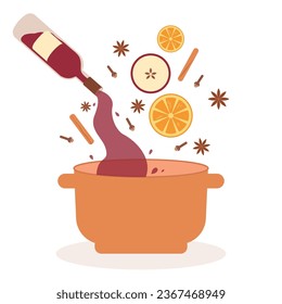 Hot winter drink. Ingredients for making mulled wine, apple, orange, red wine, star anise, cinnamon, cloves. Vector illustration on white background