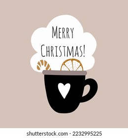 A hot winter drink and Merry Christmas words. Minimal holiday illustration.