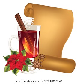 Hot winter drink, mulled wine glass design illustration.