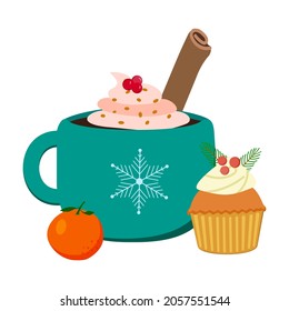 Hot winter drink: tile mug with cream, tangerine, cupcake with cream and berries. Vector illustration. Isolated on white background. Holiday card template.