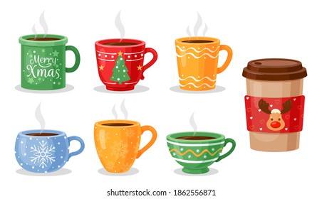 Hot winter drink. Vector set of Christmas tea cups, coffee mug, paper cups isolated on white background. Winter warming drinks for cafe, restaurant menu, poster, banner, web design.Take away coffee