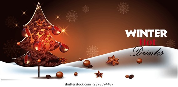 Hot winter drinks banner template. Coffee tree in snowdrifts and cups
