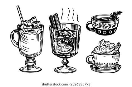 Hot winter drinks, cocoa, mulled wine, chocolate, mugs, sketch, engraving, illustration, monochrome vector drawing