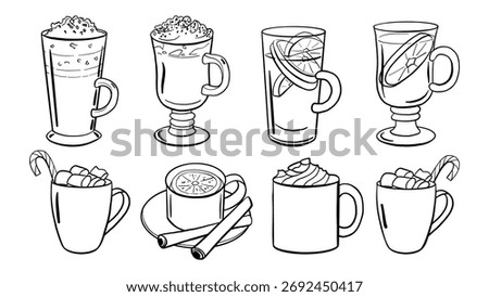 Hot winter drinks, cocoa, mulled wine, chocolate, eggnog, peppermint mocha with mugs, glasses, engraving, illustration, monochrome doodle vector drawing