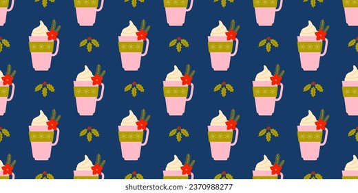 Hot winter drinks with cream seamless pattern, background. Christmas and New Year mugs and cups with festive flowers. Retro vintage nostalgia. Wrapping paper, backdrop.
