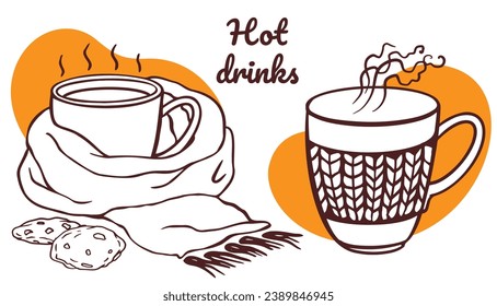 Hot winter drinks cup, mug. Hand drawn illustration decoration for cold days. Christmas winter mood doodle vector Mug with cocoa, tea, coffee, cookie. Concept for cafe, poster, recipes, social media