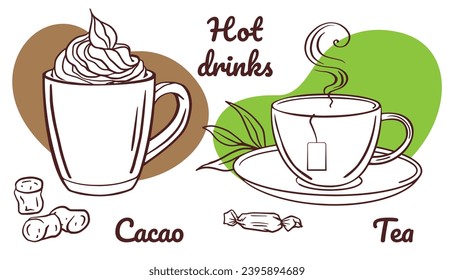 Hot winter drinks cup, mug. Hand drawn illustration decoration for cold days. Christmas winter mood doodle vector Mug with cocoa, tea, coffee, sweets. Concept for cafe, poster, recipes, social media 