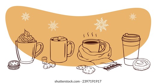 Heiße Wintergetränke Tasse, Maulkorb. Handgezeichnete Illustration für kalte Tage. Weihnachten Winter Stimmung Doodle Vektor Mug mit Kakao, Tee, Kaffee, Keks, Süßigkeiten. Konzept für Cafe, Poster, Rezepte, soziale Medien