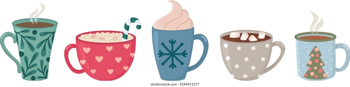 Heiße Wintergetränke in süßen Tassen. Flache Illustration mit Ferienobjekten	