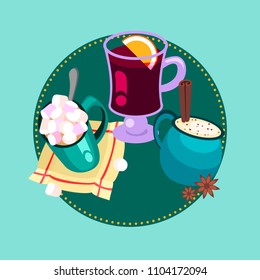Hot winter drinks illustration. Cocoa, hot chocolate and mulled wine.