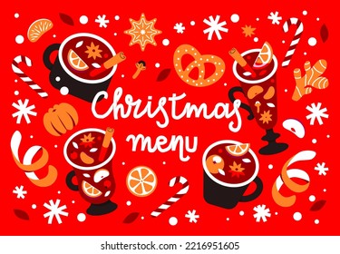 hot winter drinks are mulled wine, grog, punch or sangria. Wine in mugs and spices. Christmas bar menu